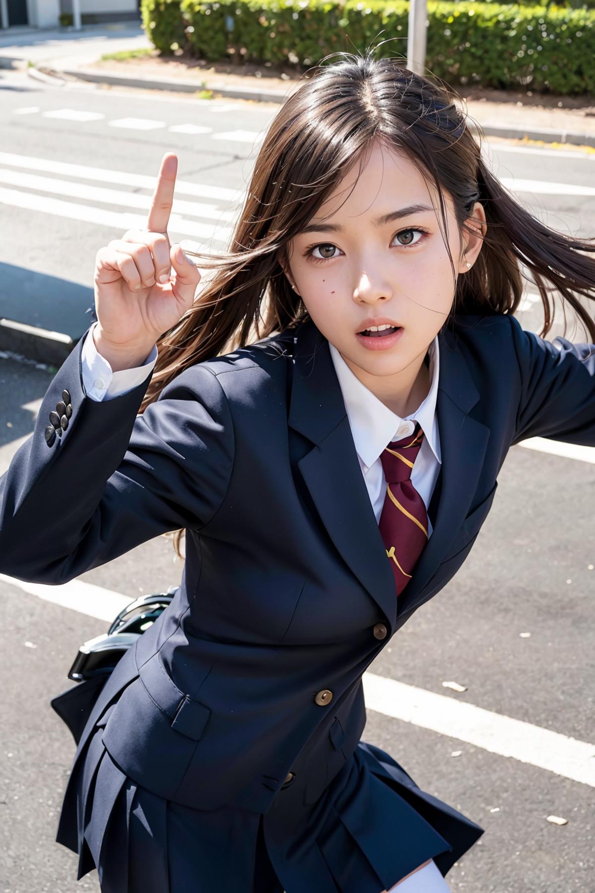 A young woman wearing a suit and tie pointing her finger.