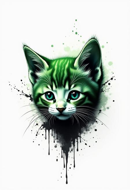 White background, a Kitten's head breaks through the background, the top half of the kitten's head is a big splash of green ink, the bottom half of the kitten's head is a big splash of black ink, ink rendering