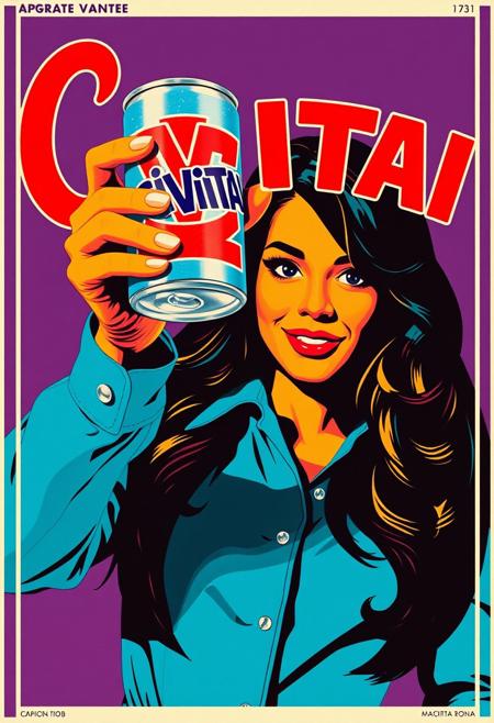 70s style advertisement, ad poster, a woman holding up a soda can marked "CIVITAI" in stylized letters, vivid pop art,