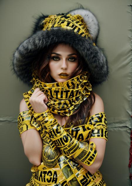 fashion photo of  a woman wearing a fur hat and a scarf covered of tape, caution tape, keep out <lora:Tape_people_SD15:0.75>