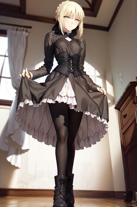 saberalterHA 1girl, solo, saber alter,  blonde hair,  official alternate costume,   yellow eyes, dress,  black thighhighs,  artoria pendragon \(fate\),  gothic lolita,  lolita fashion,