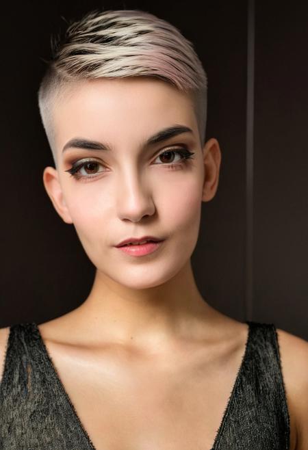 22 yrs Beautiful woman, extreme undercut pixie haircut, slicked hair combed in right-side part, (skin fade), dark shaved sides and back of head, dyed platinum hair, Flowing pastel sleeveless gown, (close-up, editorial photograph), [[Wide-angle photo]], (background inside dark, moody, private study:1.3), full body portrait, by lee jeffries, nikon d850, film stock photograph, 4 kodak portra 400, camera f1.6 lens, rich colors, hyper realistic, lifelike texture, dramatic lighting, velvia 50, eye contact, faint smile, soft natural makeup, Dark Hazel eyes, Eye contact, pretty young woman in her 20's, good teeth