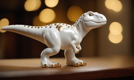 cinematic film still <lora:pcporcelaincd_xl-000006:0.7>,a handmade model toy of a tyrannosaurus made of (pcporcelaincd_xl,porcelain,white theme,gold lacquer,shiny:1.3) in office,no humans,long-focus,tilt-shift,indoors,full body,chinese zodiac,wooden table,cutie,cute,still life,animal statue,front view,facing viewer,looking at viewer . shallow depth of field, vignette, highly detailed, high budget, bokeh, cinemascope, moody, epic, gorgeous, film grain, grainy, 8K, HDR, UHD, masterpiece, best quality, highly detailed, high resolution, finely detail, extremely detailed, ultra detailed, wallpaper