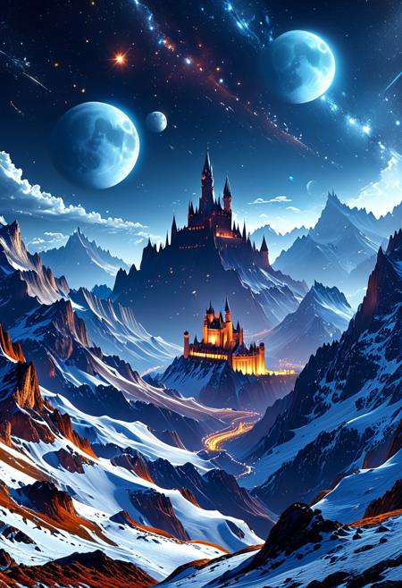 A captivating night scene illustration featuring a bright and inviting futuristic space base on a great  great mountain. The great technologically advanced base and mountain are much like Neuschwanstein Castle in Bavaria. Spaceships fly overhead. This enchanting artwork captures a dark but comforting night, where 2 brilliant moons hang above and over the  great valley  and advanced space fortress which  stands resolute amidst the great mountains, creating a cinematic experience., space_backround, illustration, cinematic
<lora:DonM3t3rn1tyXL-v1.1:0.7>, DonM3t3rn1tyXL,
OverallDetailXL  <lora:MJ52:0.3>  <lora:SDXLFaeTastic2400:0.4>  <lora:EpicF4nta5yXL:0.7>, GhostlyStyle , lthndrtrl