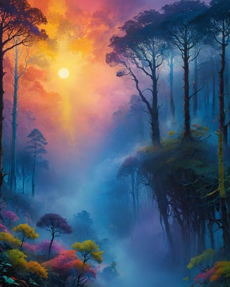 World, Don Blanding, colorful, fantasy, magical, forest, sunset, blue mist, magical, glow, magic, digital art, HD, 4K, detailed, octane, light, vibrant, rainbow, award winning, trending on artstation <lora:add-detail-xl:0.75> <lora:xl_more_art-full_v1:0.5>