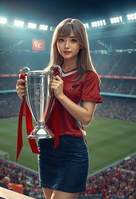 pretty asian woman in soccer stadium, holding a EPL champion trophy, (in japanese anime style), (safe for work). she is in blonde long hair with curtain bangs. wearing Liverpool FC jersey shirt, blue denim pencil mini skirt, and white sneakers.,BREAK, (full body), (best quality,4k,8k,highres,masterpiece:1.2),ultra-detailed,(realistic,photo-realistic:1.37),cinematic lighting,moody lighting,dramatic shadows,vibrant colors, more sunlight, more brighten, (expressive eyes, perfect face, perfect anatomy)