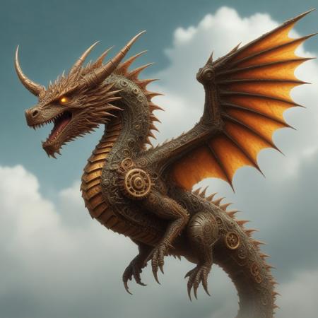 digital art images, beautiful, fantasy, and complex, detailed portrait , 
clockwork Eastern_dragon made of gears, cyber-like style
Flying in the sky, roar:1.4, wings spread wide, ,
fiery colors, deep green, electric yellow, molten golden edges, 
beautiful, closeup shot,
flash,bolt
sea, day time, cloudy,
masterpiece, photorealistic, highly detailed,