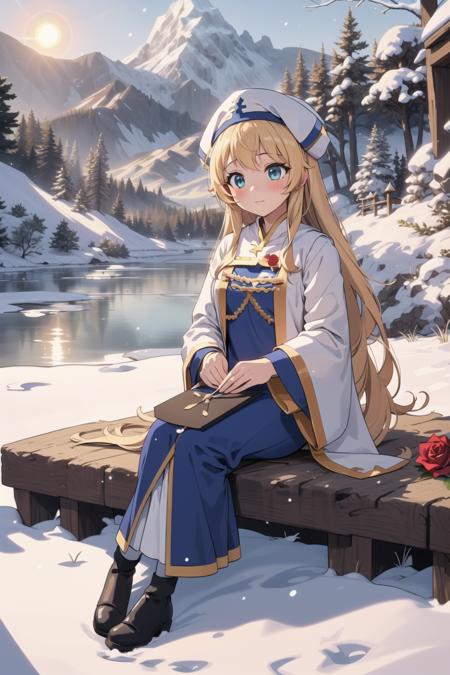 masterpiece, best quality, winter, snow field, 1girl,  <lora:PriestessV1.0:0.7> ,priestess,priestess's style,red flower, red rose, rose, shoes, sitting, solo, sky, sun, mountain, forest, lake,