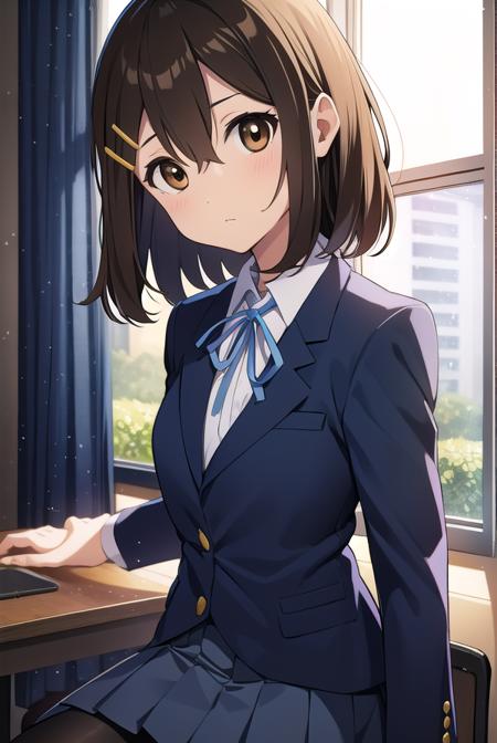 yuihirasawa, <lyco:yuihirasawa-LYCORIStest:1>,
yui hirasawa, (brown eyes:1.5), brown hair, hair ornament, hairclip, medium hair, (flat chest:1.2),
BREAK black pantyhose, blazer, blue jacket, blue ribbon, blue skirt, buttons, collared shirt, jacket, long sleeves, neck ribbon, pantyhose, pleated skirt, ribbon, sakuragaoka high school uniform, school uniform, shirt, skirt, white shirt, winter uniform,
BREAK looking at viewer,
BREAK indoors, classroom,
BREAK <lora:GoodHands-vanilla:1>, (masterpiece:1.2), best quality, high resolution, unity 8k wallpaper, (illustration:0.8), (beautiful detailed eyes:1.6), extremely detailed face, perfect lighting, extremely detailed CG, (perfect hands, perfect anatomy),