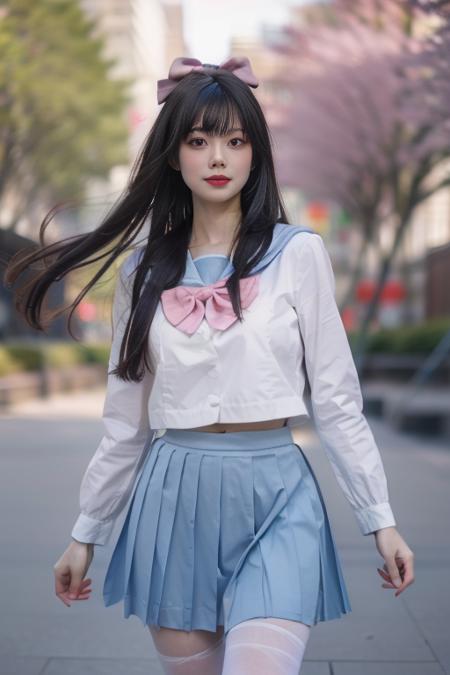 ltra-detailed,highly detailed,best quality,masterpiece,illustration,realistic,photorealistic,
hutao, solo, 1girl, cosplay, 
school uniform, sailor collar, serafuku, long sleeves, bowtie, pleated skirt, midriff peek, 
long hair, bangs, hair bow, 
looking at viewer, cowboy shot, standing, 
outdoors, day, photo background, grass, park,cherry blossoms, falling petals, wind,
 <lora:hutao_jk_v1_03:0.7>