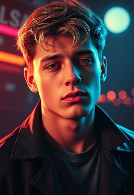 high quality design aesthetics, disco, eighties, synth pop, detailed, synthwave, melancholic, pop album cover for a sad love song, young white man, artist name "MUSAIC"