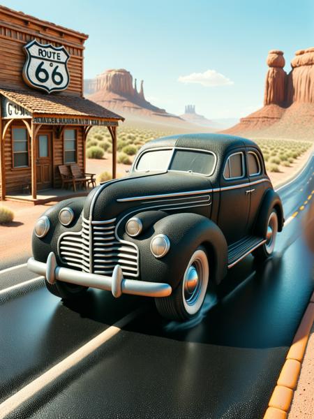 <lora:Fresh_Tarmac_SXDL:1>, a classic car made of black ais-tarmac driving down Route 66