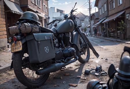 gorgeously rendered RAW 8k HDR high-resolution wide-angle full-frame panoramic view of an (((exceedingly gorgeous voluptuous female dressed as a WWII German wargirls black uniform driving through a German village on a nz350)) in the distance, blonde hair, blue eyes, hunched over handelbars, serious expression, explosions, dust being thrown by tires, fortified berms, highly detailed, intricate, lens flare,  bokeh, soft focus, diffused soft lighting, shallow depth of field, photography, photograph, cinematic lighting, detailed skin, realistic, photorealistic, hyperrealism, <lora:dkw_nz350:0.5>  <lora:wargirls:0.5>  <lora:Cute Asian Face:0.7>