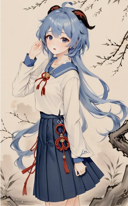 traditional chinese ink painting,willow branches,willow tree in background,wuchangshuo,
<lora:ganyu2x_xl:1>,1girl,ganyu (genshin impact),horns,long hair,blue hair,school uniform,solo,skirt,white background,serafuku,looking at viewer,red eyes,simple background,blush,bangs,long sleeves,alternate costume,open mouth,sailor collar,:o,cross,pleated skirt,ahoge,arm up,neckerchief,