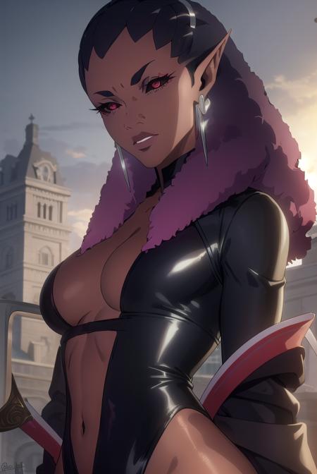 castlevaniadrolta, black hair, (red eyes:1.5), pointy ears, dark skin, dark-skinned female, colored sclera, black sclera, purple hair, gradient hair, two-tone hair, cleavage, jewelry, earrings, off shoulder, leotard, black leotard, pants, black pants,