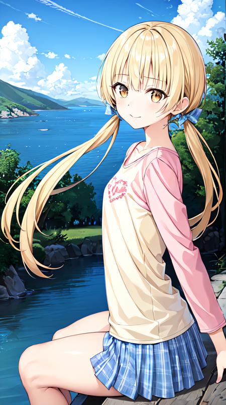 Nanami Ririka,1girl,solo,twintails,brown eyes,plaid skirt,blue plaid skirt,Pink Long sleeve,yellow top with love in it,A Green Hill Far Away,cumulonimbus calvus,,beautiful detailed sky, beautiful detailed water,((sitting)),   <lora:nanamiLSP:0.5>