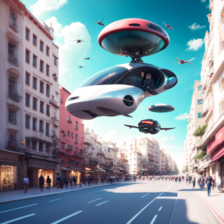 photo, a street scene with a flying vehicle in the sky (HoverCar style:1) <lora:djzHoverCarV21:1>