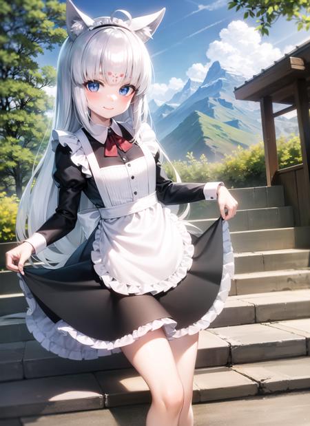 <lyco:yukino1-000008:1.0>, full body, smile, blush, outdoors, day, simple background, blue sky, sky, temple, looking at viewer, stairs, mountain, moody lighting, facing viewer, maid, maid headdress, apron, black dress,