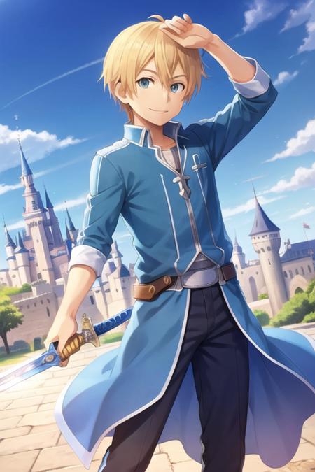 <lora:eugeo:0.6>, 1boy, eugeo, looking at viewer, standing, cowboy shot, full body, smiling, sword, castle, fighting