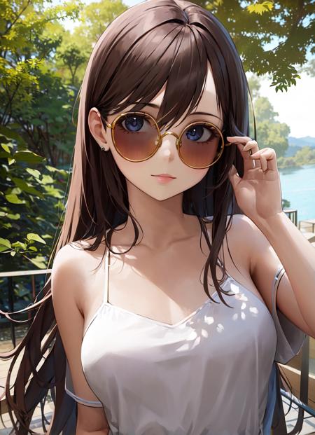 masterpiece, best quality, ultra-detailed, illustration, 1girl, solo, looking at viewer, <lora:round_glasses-v17h:1>, sunglasses, round eyewear, outdoors, upper body,