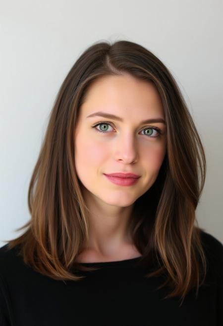 Graduate student woman 22 years old, Caucasian, green eyes, shoulder length brunette hair, round face.