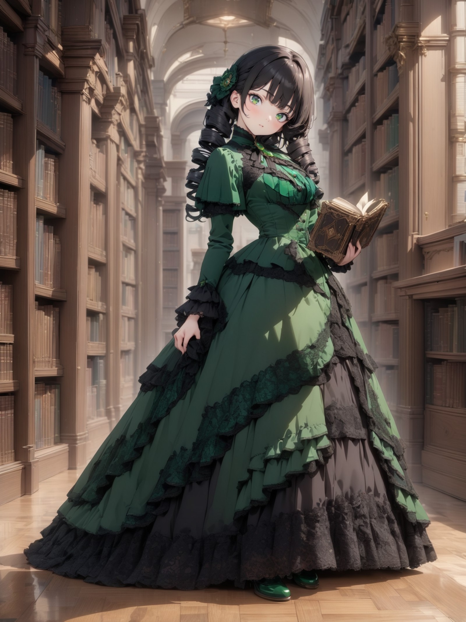 8k, masterpiece, highly detailed,
1girl wearing an emerald green (victorian dress), <lora:victorian_dress-XL-2.0:1>
black ...