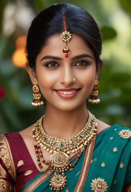 A young Indian woman, cinematic dark-radiant and beautiful, adorned in traditional attire. Her eyes sparkle with life, and a gentle smile graces her lips. Her clothing is richly colored and intricately detailed, perhaps a vibrant silk sari or a beautifully embroidered lehenga. Her hair is styled elegantly, possibly adorned with flowers or jewelry. The background could be a lush garden, a bustling marketplace, or a serene landscape, reflecting the vibrancy and diversity of Indian culture. The lighting should be soft and natural, enhancing her beauty and the details of her attire. Style: photorealistic, warm and inviting, serene ethereal background, blended perfectly in super high details of bold colors and astonishing scenery