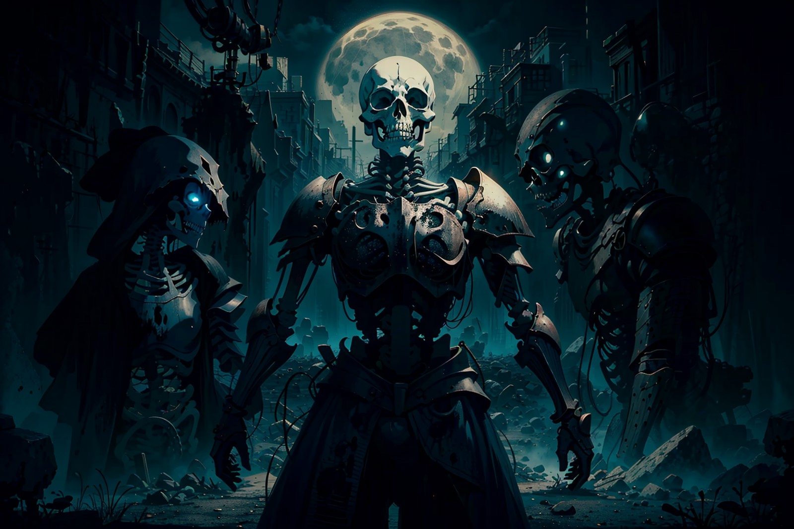 undead, skeleton knight, armor, sword, dark fantasy, spooky, ominous.