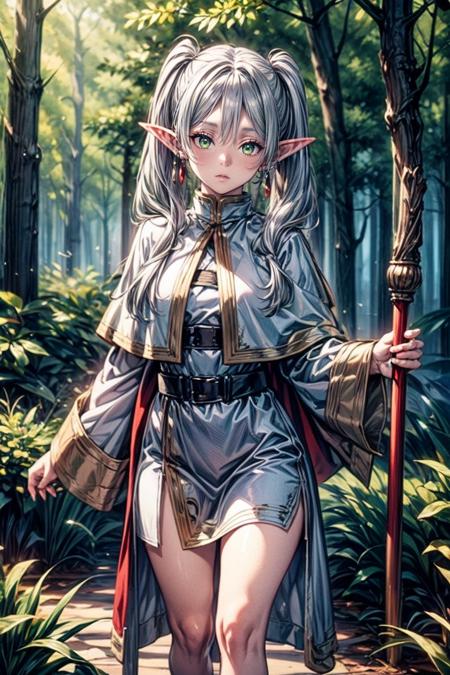 <lora:jingling_10:0.7>,super high resolution,best quality,Photos,4k,(Realistic:1.2),jingling,1girl,green eyes,silver hair,pointy_ears,twintails,thigh,cloak,standing,day,long_sleeves,white cape,dress,deep forest,holding a staff in hand,<lora:add_detail:1.6>,