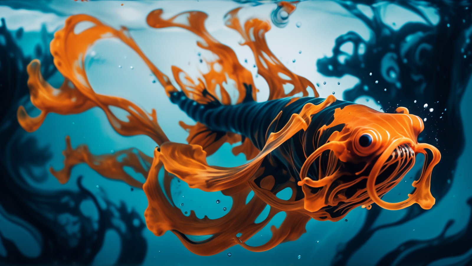 photograph, cinematic color grading, <lora:EnvyInkSwirlXL01:1>prowler made of shiny  orange swirling ink, underwater<lora:...