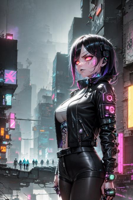 (masterpiece, high resolution, 8K:1.3), (fierce cyberpunk girl:1.4), (striking presence:1.3), (piercing neon eyes:1.3), (luminous cybernetic enhancements:1.3), (intricate circuit tattoos:1.2), (edgy hairstyle:1.2), (vibrant hair color:1.2), (futuristic attire:1.2), (sleek black leather jacket:1.2), (neon accents:1.1), (urban cityscape backdrop:1.1), (blazing neon lights:1.1), (hovering drones:1.1), (rain-soaked streets:1.1), (holographic billboards:1.1), (dark alleyways:1.1), (cybernetic implants:1.1), (glowing data streams:1.1), (smoky atmosphere:1.1), (dynamic pose:1.1), (confident expression:1.1), (intense perspective:1.1), (gritty cyberpunk aesthetic:1.1), (immersive world-building:1.1), (captivating details:1.1)