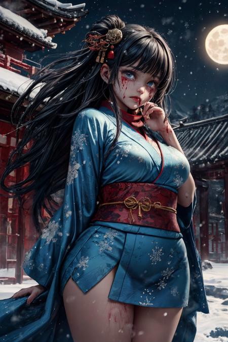 (RAW photo, 8k uhd, Analog style, Masterpiece, Best Quality, Highres:1.4), (dramatic, cinematic:1.2), BREAK,
movie shot of (plump:1.2) (curvy (asian, japanese:1.2) woman:1.1), (torn:1.05) red (silk scarf:1.01), traditional (blue:1.1) (long kimono:1.2), (very long straight black hair:1.1), (big eyes:1.15), yakuza (tattoo:1.1), (blood, wounds:1.2), wounded, (crying:1.2), (sad:1.1), (tears:1.2), (snow covering body and hair:1.35), (snow:1.3), front view, unhappy, (going:1.25) through scary (winter:1.1) (bamboo:1.2) (forest:1.1), (snowfall, snowstorm:1.25), BREAK,
(mountains:1.15), detailed far (chinese:1.2) (village:1.35) houses, (gloomy dark night:1.1), bright (moon:1.2), moonlight, (wind:1.1), (blood trail:1.1), (light particles:1.15), (steam:1.2), (starry sky:1.05), medieval, wild pathway, snowflakes, white legs, (dark theme:1.1), (photorealistic:1.3), (blue lighting:1.1), (creepy, bloody, horror:1.3), (mysterious, fabulous, mystic:1.3), (glow, glitter:1.1), BREAK,
<lora:more_details:0.8>,
<lora:LowRA:0.45>,
<lora:zoom_slider_v1:2.89>,
