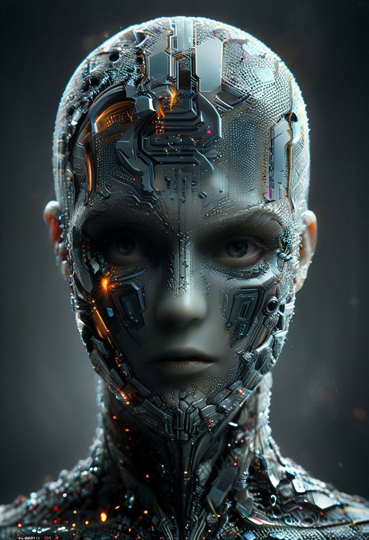 A robot with a metallic face and blue eyes.
