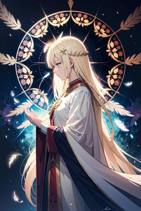 absurdres, highres, (official art, beautiful and aesthetic:1.2), ultra detail, side view,
beautiful person,  long hair, blond hair, saintly woman,
sacred garment, seraph, seraph six wing,
cathedral, kaleidoscope,
light effects, divine effects, feather effects,