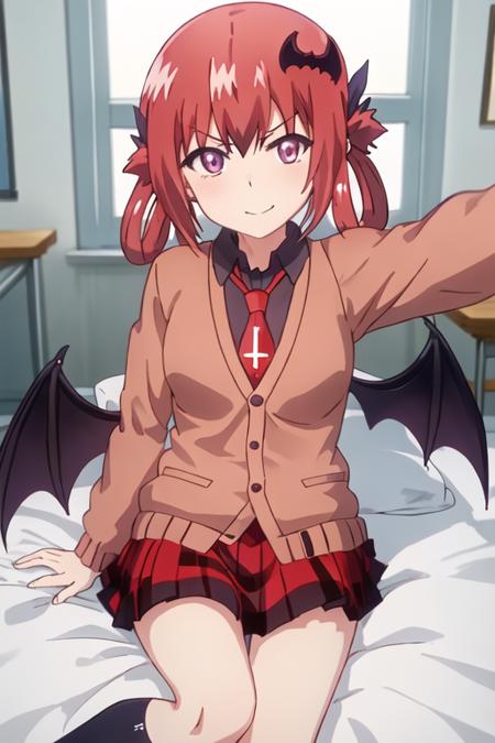 best quality, masterpiece, highres, solo, {satanichia_kurumizawa_mcdowell_gabrieldropout:1.15}, red_hair, hair_ornament, hair_rings, bat_hair_ornament, purple_eyes, v-shaped_eyebrows, 1girl, >:\), black_shirt, cardigan, closed_mouth, inverted_cross, looking_at_viewer, necktie, red_necktie, school_uniform, shirt, smile, cross, indoors, meme, parody, portrait, selfie