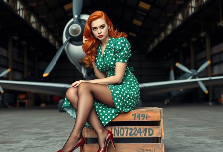 score_9, score_8_up, score_7_up,
RAW, masterpiece, full body, photorealistic, noir_style, 
1girl, beautiful young woman, 30 years old, redhead, long hair, wavy hair,sitting on a wooden crate in an old hangar,
1940's noir, elegant,
Wearing green and white polka-dot 1940s dress with padded shoulders, nylon stockings, low heels.
looking at viewer, 
high details, highly detailed, sharp focus, beautifully detailed woman, detailed eyes and face
wearing 1940s style dress with padded shoulders
detailed background, 1940s airport hangar, propeller airplane