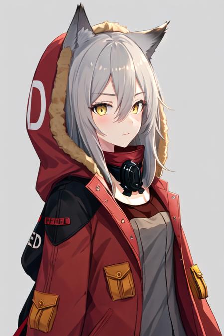 best quality, masterpiece, highres, solo, {projekt_red_arknights:1.15}, animal_ears, wolf_ears, grey_hair, hair_between_eyes, wolf_girl, yellow_eyes, bangs, long_hair, upper_body