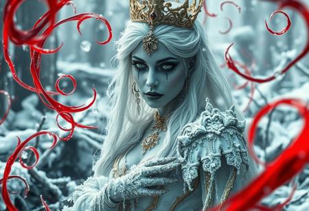 “A hyperrealistic depiction of an ice princess with an eerie ambiance, wearing heavy gothic makeup, set in a rotten and decayed world. The scene is intricate with frost-covered elements, blending a fantasy horror concept with a dark fairytale wonderland background. Red color twirls swirl through the scene, adding an ominous and sinister touch. The white and gold color palette contrasts sharply with decayed, rotting surroundings and the red accents, creating a haunting atmosphere. The image uses a 12mm lens effect to enhance depth and distortion, with sharp contrasts, deep shadows, and an ultra-detailed photorealistic style. The ice princess appears both enchanting and terrifying, emanating mesmerizing visual storytelling in a chilling, frost-bitten, and decayed environment.”
