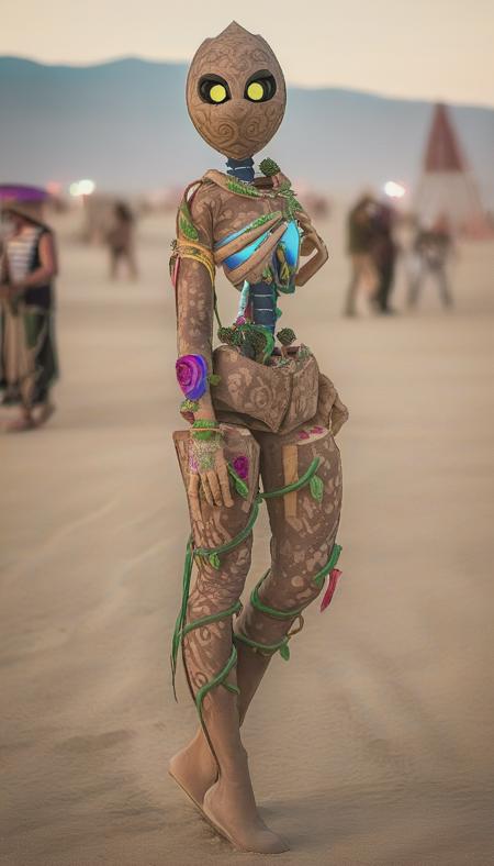 cinematic, RAW photo, photograph of NatureVRM a person standing in a desert, detailed background, massive area, grainy, burning man, festival ground, burning man playa, mutant vehicles, (high detailed skin:1.2),  instagram, colorized, ((detailed face, detailed body)), ((full body)) <lora:xl_Desert_Festival:1> <lora:xl_NatureVRM:1.2>