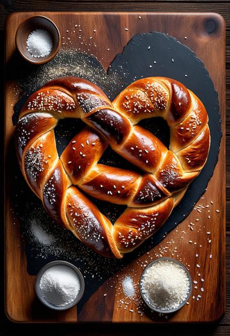 A puff up soft heart-shaped pretzel twist with coarse salt sprinkles over, caramelizing into a darken shade hue crusted top layer on a wooden board, beautiful, in the style of hyperrealistic, intricately detailed, and colorful rich deep colors., highly detailed, textured, Drawn By Curt Swan, Jim Aparo, Brett Breeding