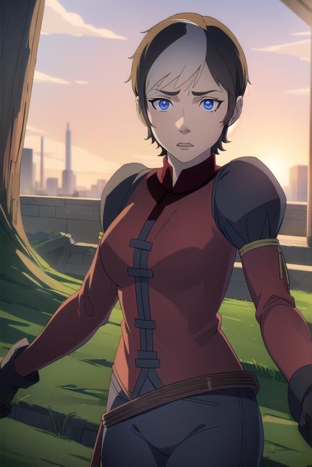 cassandraderolo, <lora:cassandra de rolo-lora-nochekaiser:1>,
cassandra de rolo, short hair, blue eyes, black hair, white hair, multicolored hair, two-tone hair,
BREAK gloves, black gloves, pants, puffy sleeves, long sleeves, shirt, red shirt, high collar,
BREAK outdoors, forest, nature, grass, trees, sun, sky, clouds,
BREAK looking at viewer, (cowboy shot:1.5),
BREAK <lyco:GoodHands-beta2:1>, (masterpiece:1.2), best quality, high resolution, unity 8k wallpaper, (illustration:0.8), (beautiful detailed eyes:1.6), extremely detailed face, perfect lighting, extremely detailed CG, (perfect hands, perfect anatomy),