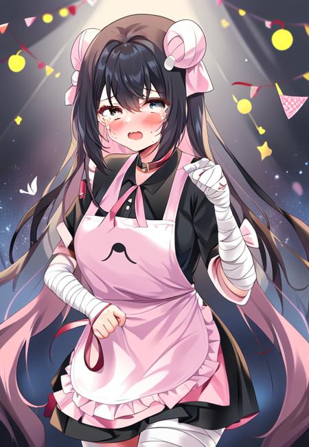 crying, 1girl, apron, bandaged arm, bandages, black hair, by chen bin, grey eyes, grey skirt, light blush, long hair, pink shirt, solo, tears, white collar, thighhighs