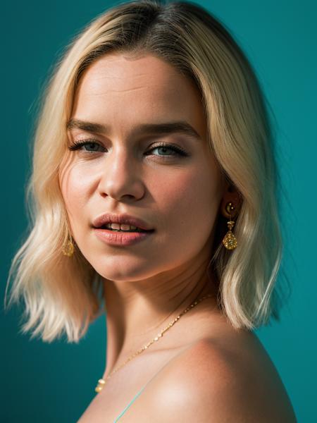 Realistic photo of a beautiful 3m1l14c-v2 woman,  1girl, solo, (((blonde hair))), jewelry, earrings, parted lips, teeth, lips, blue background, portrait, realistic, nose, soft lighting, professional Photography, Photorealistic, detailed, RAW, analog, sharp focus, 8k, HD, DSLR, high quality, Fujifilm XT3, film grain, award winning, masterpiece<lora:3m1l14c-v2:1.0>