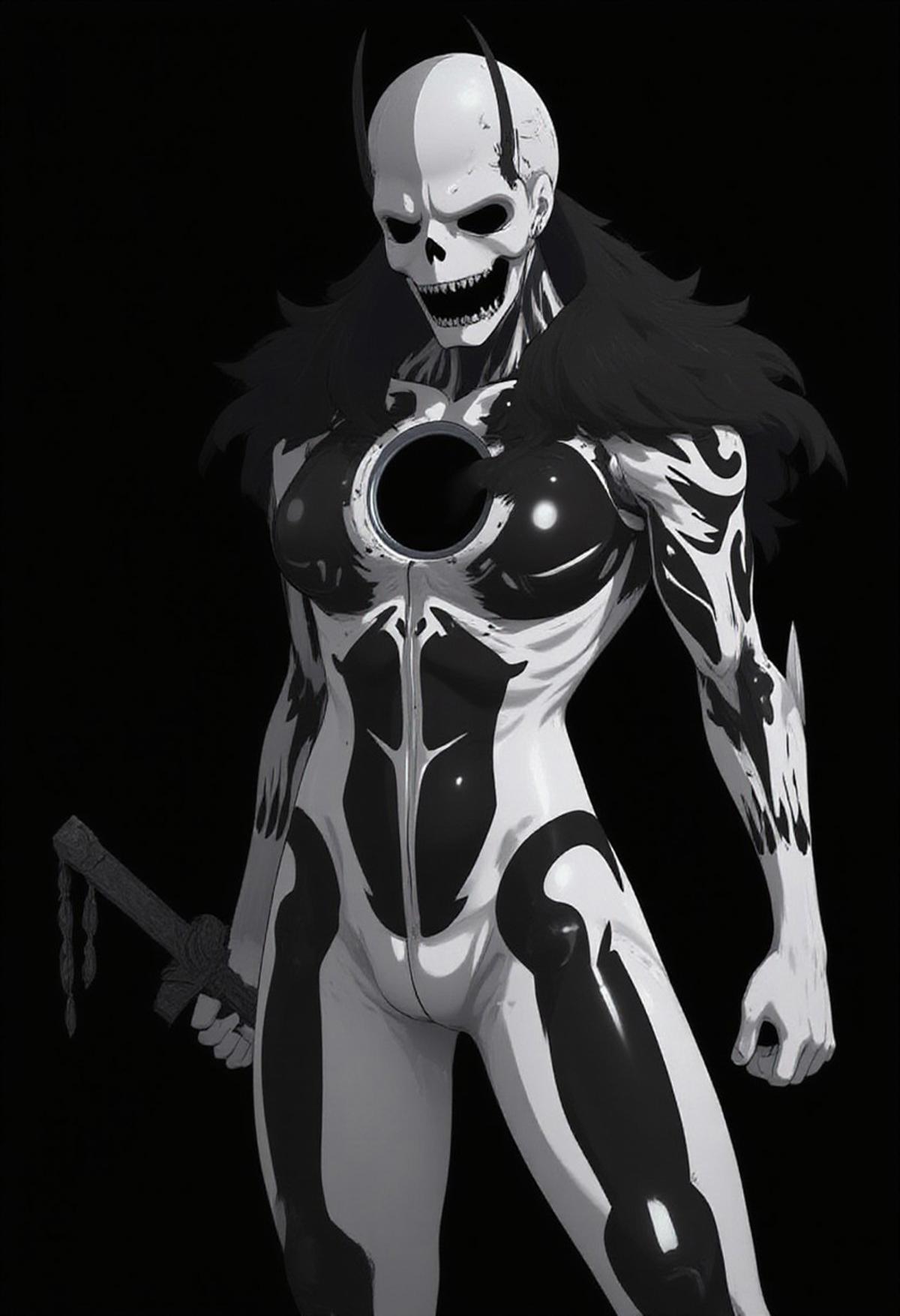 The image is a black and white anime-styled illustration of a menacing and powerful character from the anime Bleach. The character depicted is Ichigo Kurosaki in his Vasto Lorde form, which is one of his Hollow transformations. In this form, Ichigo takes on a highly detailed and fearsome appearance, with a skeletal, demonic mask covering his face, featuring a wide, toothy grin and long, curved horns extending on either side of the head. The mask gives the character an intimidating and otherworldly presence, characteristic of the Hollow powers in the Bleach universe.
Ichigo's body is muscular, adorned with tribal-like markings across his chest and arms. There is a hole in the center of his chest, full of darkness. His upper body is bcovered by a white and black cloak. A dark, tattered cloak or fur-like material drapes from his shoulders, adding to the ominous atmosphere and enhancing the supernatural aura of this form.
In one hand, Ichigo holds a sword, partially obscured by shadows, with what appears to be a chain or tassel hanging from the hilt. His pose is dynamic and suggests readiness for battle, with an aggressive stance that conveys power and danger, typical of his fierce combat style when fully embracing his Hollow powers.
The background is dark and shadowy, contributing to the overall eerie and foreboding tone of the image.