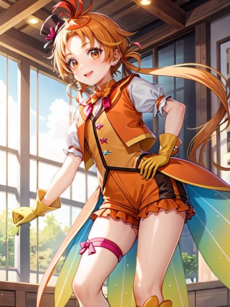 (extremely detailed CG), (best quality), 1girl, perfect face,  shiny skin, lustrous skin, wide hips, narrow waist,  <lora:CureWing-10:0.8> CureWing,vest, skirt, streaked hair, knee bots, puffy short sleeves,multicolored hair,thigh strap,mini top hat yellow gloves,puffy sleeves, orange footwear, short sleeves, shorts,bow orange eyes,top hat, orange glooves,mini hat,floves , earrings, orange hair, hands on hips, smile,standing(single twintail)indoors