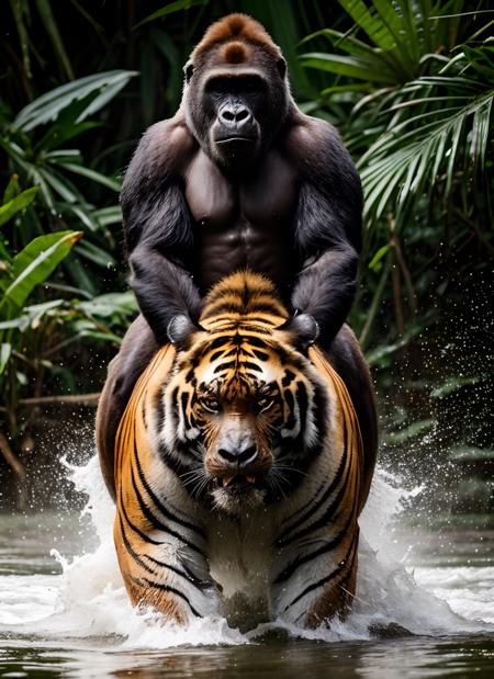 agressive gorilla riding on a tiger in the rainforest during rainy day, masterpiece, best quality, highly detailed background, perfect lighting, best quality, 4k, 8k, ultra highres, raw photo in hdr, sharp focus, intricate texture, best quality, 4k, 8k, ultra highres,  sharp focus, intricate texture