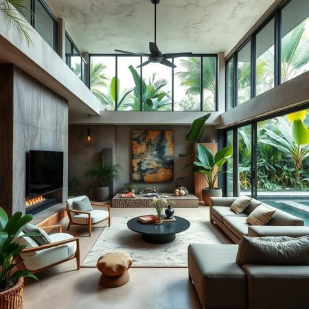 interior of a living room of a brutalist architecture style house,  tropical jungle Bali style