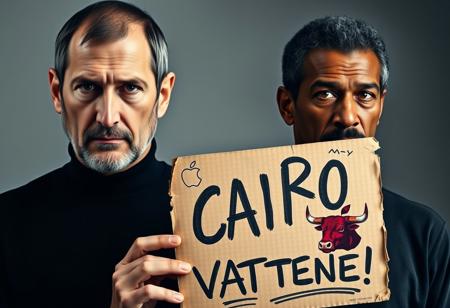 A highly detailed mugshot featuring a man resembling Steve Jobs, shown from the shoulders up, with a sad, contemplative expression, slightly downturned eyes, and a subtle frown. The lighting is well-done, illuminating his face clearly without harsh shadows. Standing beside him is a man resembling Pelé, the legendary Brazilian footballer, with a neutral or concerned expression. The background is plain, and Steve Jobs is holding a piece of cardboard in front of him. The cardboard is weathered with a rough texture, edges slightly torn, and it has bold, stylish lettering that reads "CAIRO VATTENE!" in a mix of futuristic and handwritten fonts. The sign also features a burgundy-colored, raging bull in one corner, snorting aggressively, and the ancient multicolor Apple logo in another corner, adding both a fierce and nostalgic touch. The cardboard has a few doodles and small symbols around the text, making it look unique and cool. The image should be realistic, capturing a somber mood with attention to the texture of their skin, Steve's iconic round glasses, and the simplicity of his black turtleneck shirt. Pelé is dressed casually, complementing the scene's overall tone.