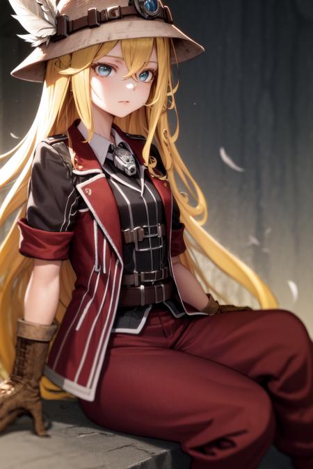 masterpiece, best quality, highres, 1girl very long hair blonde hair curly hair, red jacket helmet whistle short sleeves brown gloves red pants hat feather <lora:lyza:1> sitting