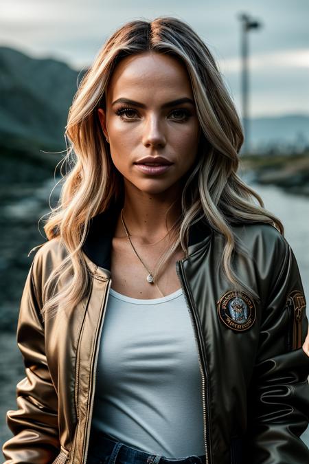 perfect cinematic shoot of a beautiful woman (EPM4xx1n3Dupr1:.99), a woman in an abandoned place, (taking a selfie:1.1), perfect hair, wearing sexy Wood Brown (bomber jacket:1.2), (fog in background:1.1), (detailed background:1.1), (face focus), modelshoot style, (extremely detailed CG unity 8k wallpaper), professional majestic (photography by Roz Chast:1.1), 24mm, exposure blend, hdr, extremely intricate, High (Detail:1.1), dramatic, soft cinematic light, (looking at viewer),8k, highly detailed, rich environment, 4k textures, soft cinematic light, elegant, ((((cinematic look)))), soothing tones, insane details, hyperdetailed, ("Dreams into reality with SDKoh!":1.1), (epiCPhoto)